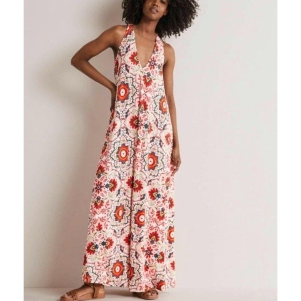 Boden Floral Jubilee Weekend Jersey V-Neck Halter Maxi Dress 10P Orange Belted